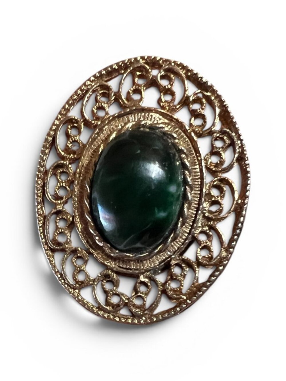 LARGE Vintage Gold Tone Filigree Ring with Dark Green Stone/Glass, Boho Romantic